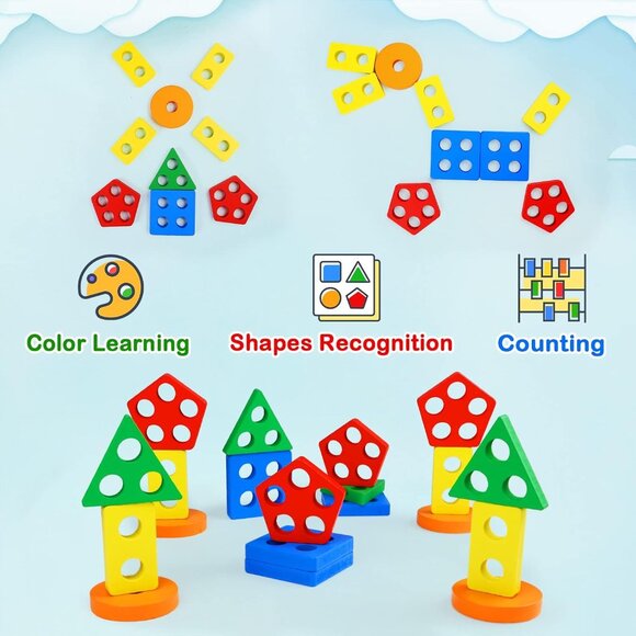 Toddlers Color Recognition Stacker Shape Sorter Wooden Toy Learning Puzzles - Picture 7 of 7